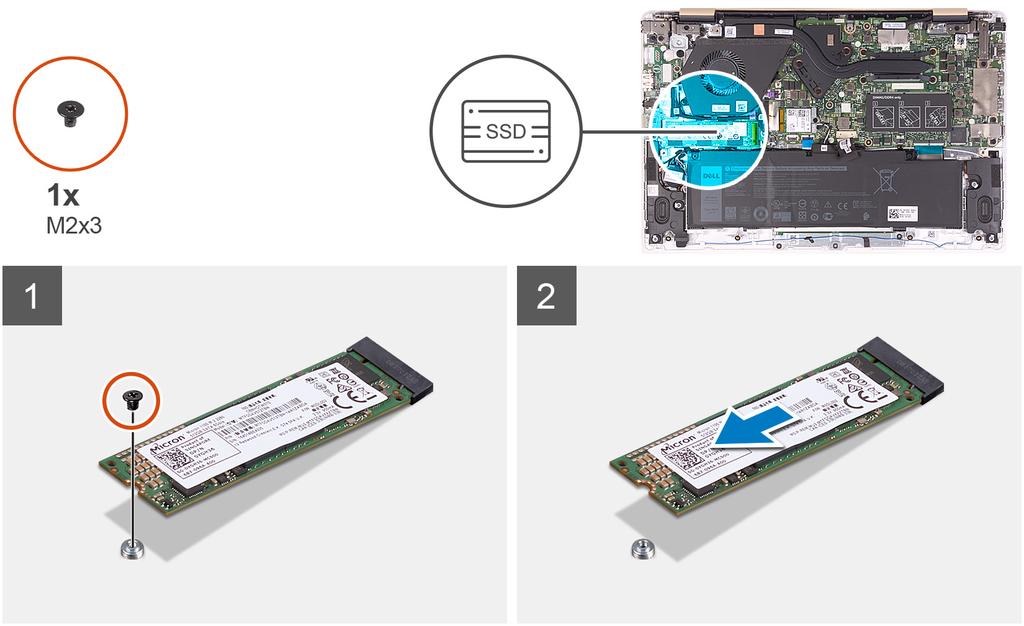 M.2 2280 SSD 1. Távolítsa el a csavart (M2x3), amely az SSD-meghajtót az alaplaphoz rögzíti. 2. Csúsztatva távolítsa el az SSD-meghajtót annak az alaplapon található foglalatából.