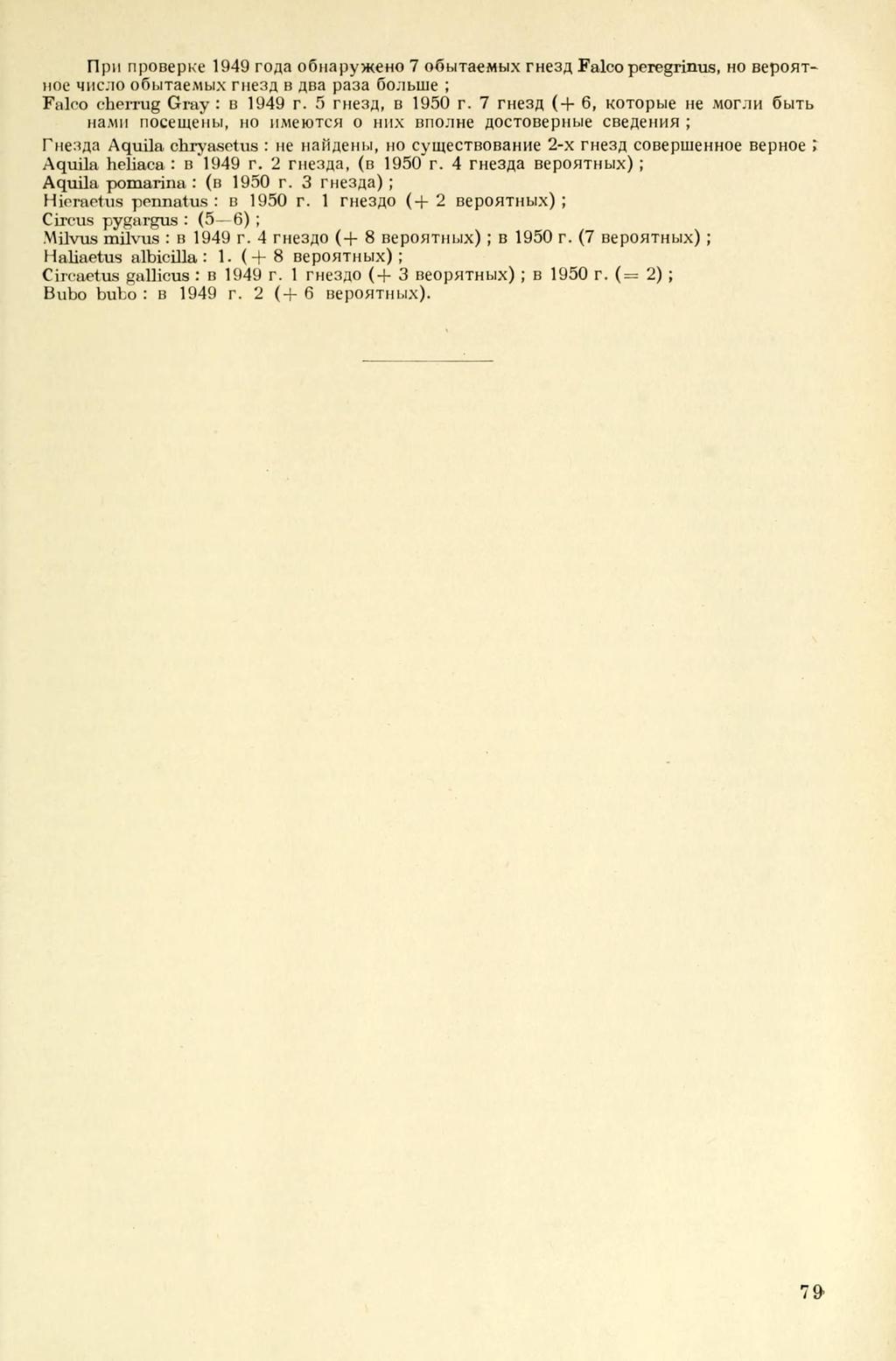 ripii npobepiv'e 1949 ro^a oonapyweho 7 oöbrraembix rhe3a Falco peregrintis, HO BepOHTnoe mic.io oubitaeatbix rne3a B ABa pa3a öo.ibuie ; Falco ebemig Gray : B 1949 r. 5 THe3A, B 1950 r.