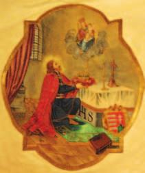 Az asztal mellett, arany, barokkos kartusban a magyar kiscímer. A földön egy zárt könyv (István törvényei vagy az Intelmek, mert a Bibliának az oltárasztalon lenne a helye).