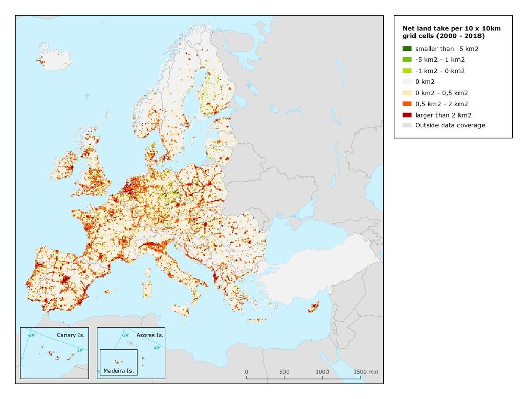 Átlagos területfogyasztás Európában 2000-2018 között Területfogyasztás (land take): Be nem épített mezőgazdálkodási, erdészeti, természetes, vagy félig természetes