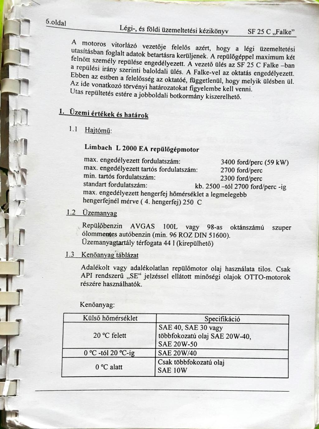 6.01dal Légi-, és földi üzemeltetési kézikönyv SF 25 C Falke A motoros vitorlázó vezetője felelős azért, hogy a légi üzemeltetési utasításban foglalt adatok betartásra kerüljenek.