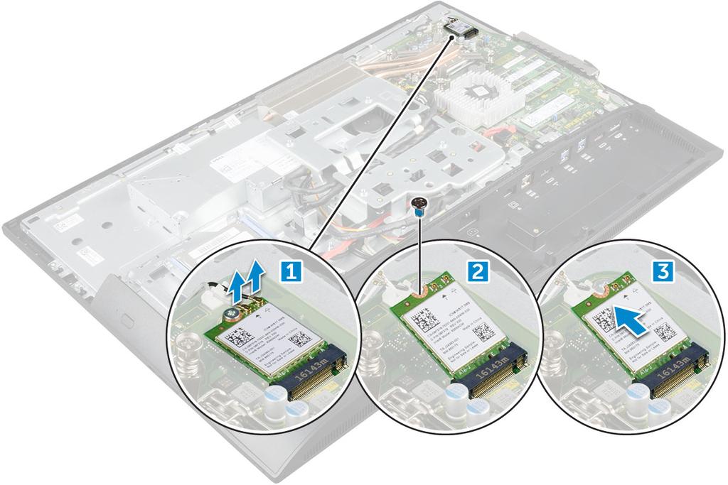 A WLAN-kártya beszerelése 1 A WLAN-kártyát illessze az alaplapon lévő csatlakozóba. 2 Húzza meg a WLAN kártyát az alaplaphoz rögzítő csavart.