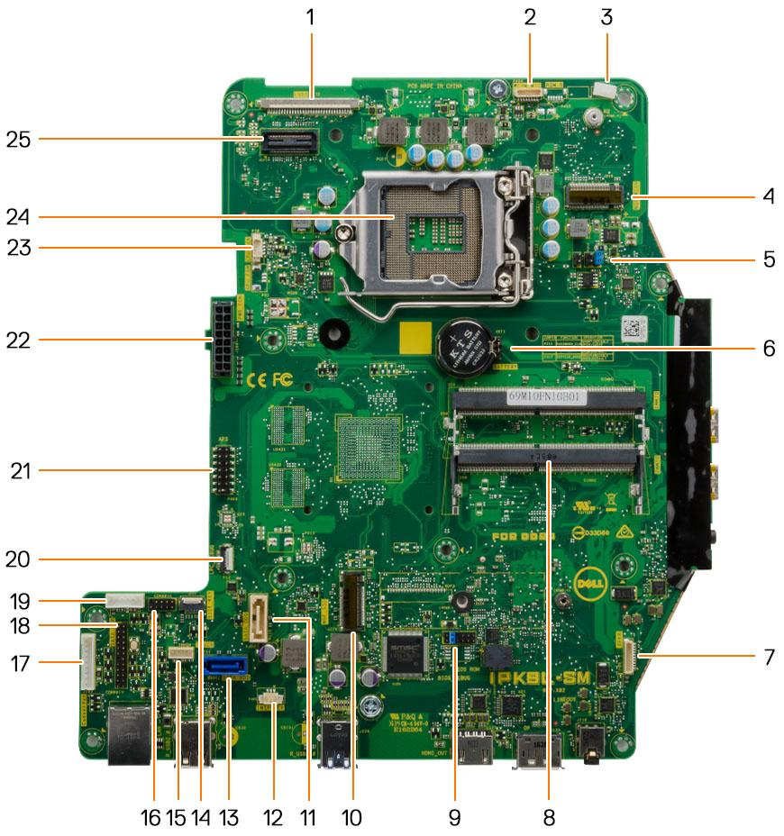 Az alaplap elrendezése 1 LVDS csatlakozó 2 Kameracsatlakozó 3 Antennavezető rögzítőcsipesze 4 WLAN csatlakozó 5 Áthidaló csatlakozója 6 Gombelem 7 Hangszóró csatlakozó 8 Memóriamodul csatlakozó 9