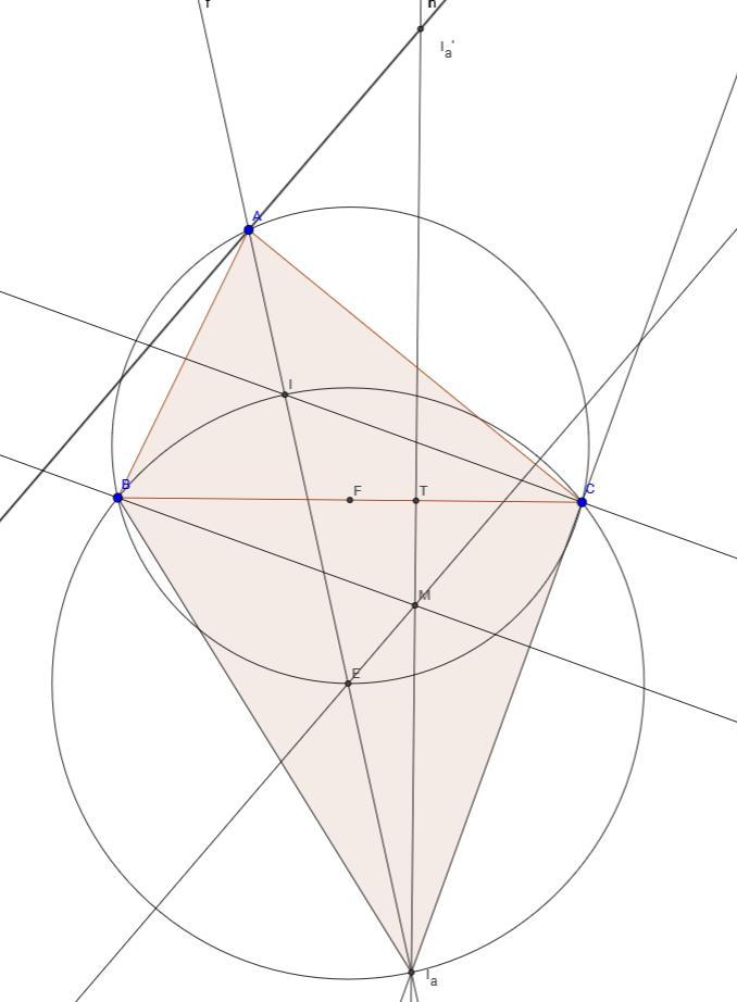 Geometri 3. feldt Legyen BC A-t nem trtlmzó ív felezőpontj E. Ismert, hogy EB=EI=EC=EI, zz E z I BC köréírt körének középpontj E. Legyen F BC oldl felezőpontj.