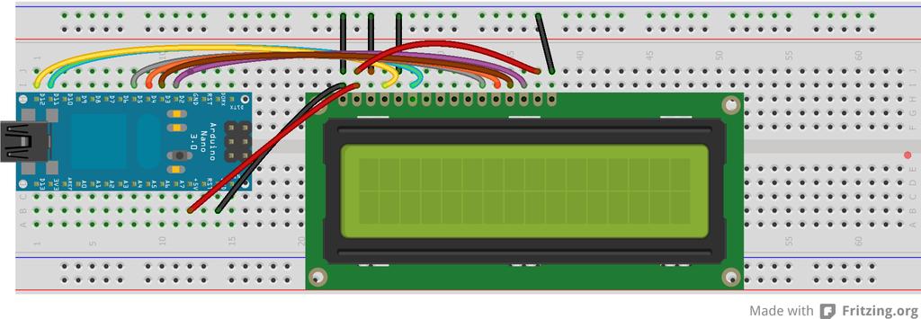 Bekötési vázlat Az LCD kijelzőt az Arduino beépített függvényei 4-bites módban használják (minden bájtot két részletben küldünk ki), ezért a data0-data3 vonalakat nem kell bekötni!