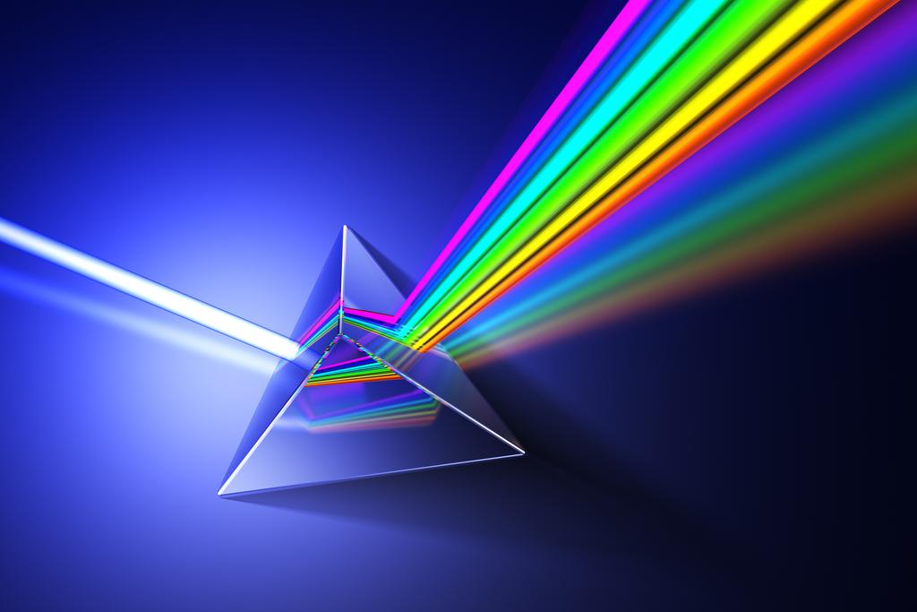 A spektrum interpretációja Figure : A prizma színeire bontja a fehér fényt Miközben a prizma színeire bontja a fehér fényt, a fénysugár energiája felbomlik a különböző frekvenciákhoz tartozó