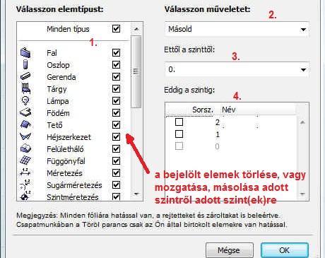 ), megadhatjuk az alsó síkjának magasságát és az emeletmagasságot, valamint az egyes szinteken létrehozott e- lemeket tetszőlegesen vihetjük, vagy másolhatjuk át más szintekre.