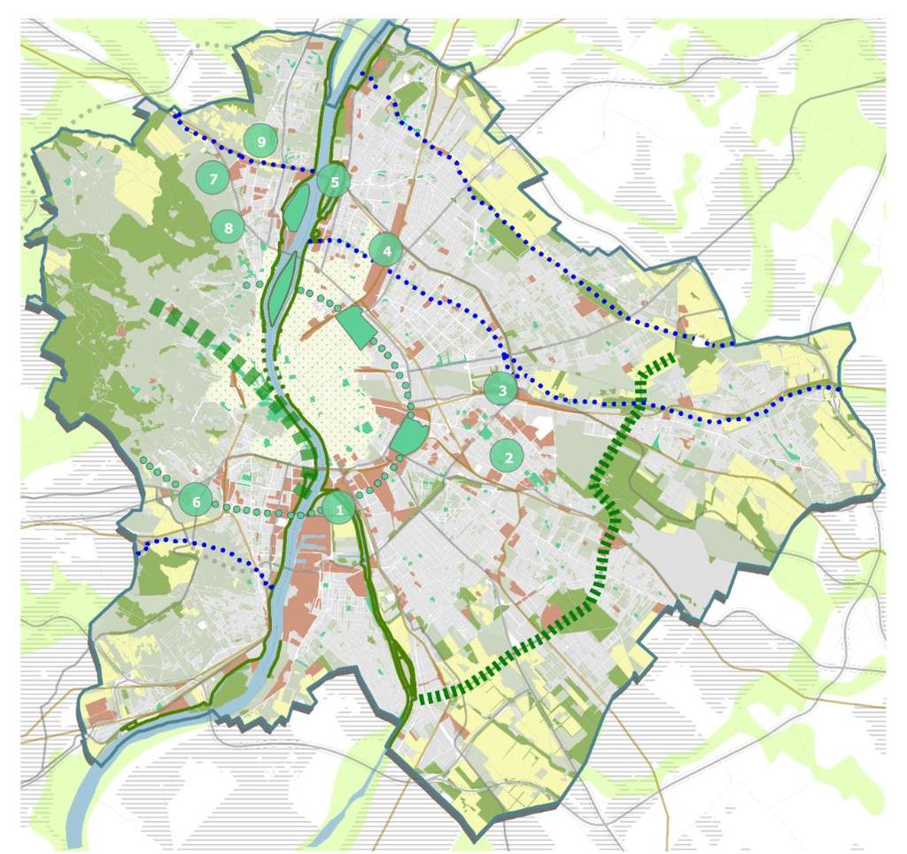 AKCIÓTERÜLETI JAVASLATOK Akcióterületek Városi parkgyűrű Budai parktengely Duna menti területek Vízparti zöldsávok,