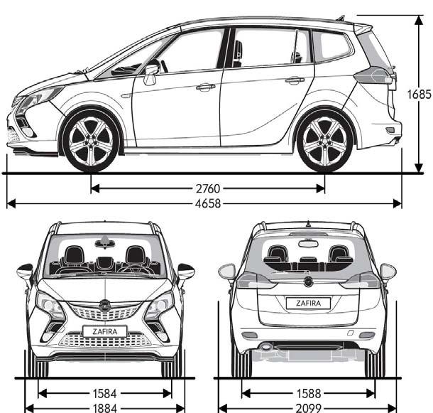 Műszaki adatok 3 Magasság (mm) Hosszúság (mm) Tengelytáv (mm) zélesség (külső tükrökkel/nélkül) (mm) Nyomtáv (elöl/hátul) (mm) Általános tulajdonságok Karosszéria 1685 4658 2760 2099 / 1884 1584 /