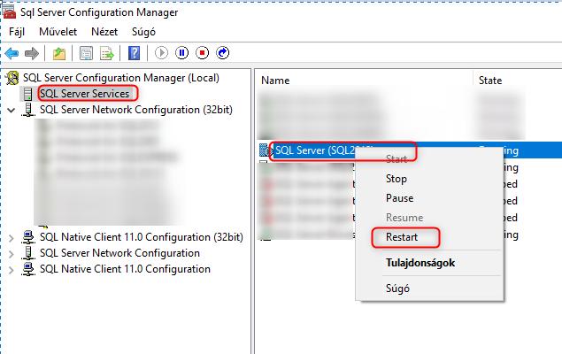 Javasolt ebben a menüpontban az SQL Browser újraindítása is.