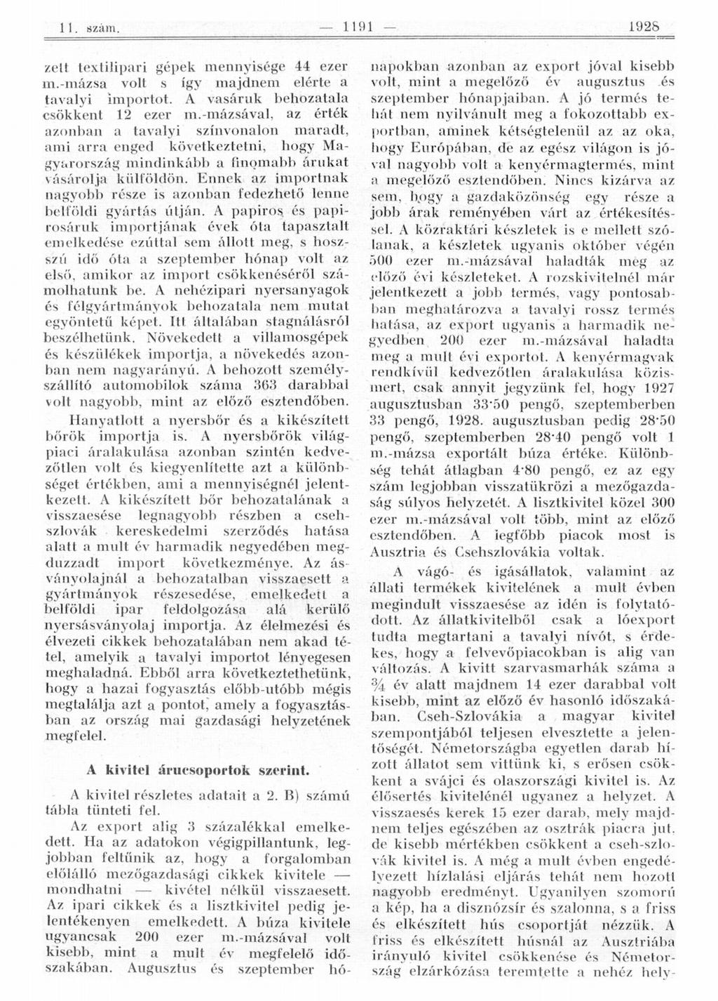 zeit textilipari gépek mennyisége 44 ezer m.-mázsa volt s így majdnem elérte a tavalyi importot. A vasáruk behozatala csökkent 12 ezer m.