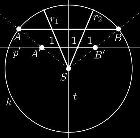 Szerkesszünk a k körbe olyan húrt, amelyet az adott két sugár három egyenlő részre oszt. A keresett AB húr a két sugár által meghatározott szög t szögfelezőjére merőleges.