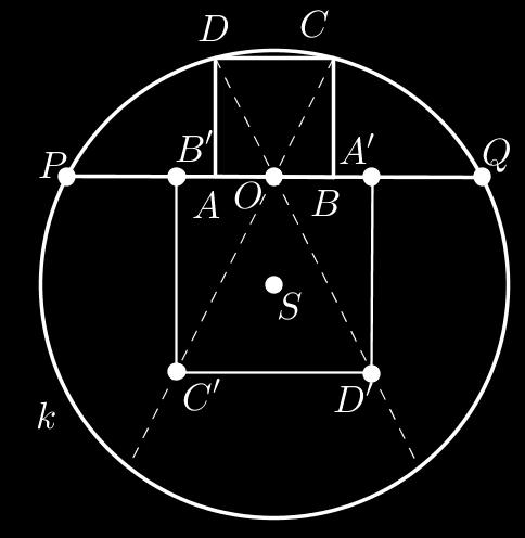 Legyen O az AB szakasz középpontja. Rajzoljuk meg az A B C D négyzetet úgy, hogy az A B szakasz illeszkedjen a P Q húrra, továbbá az O pont a szakasz felezőpontja legyen.