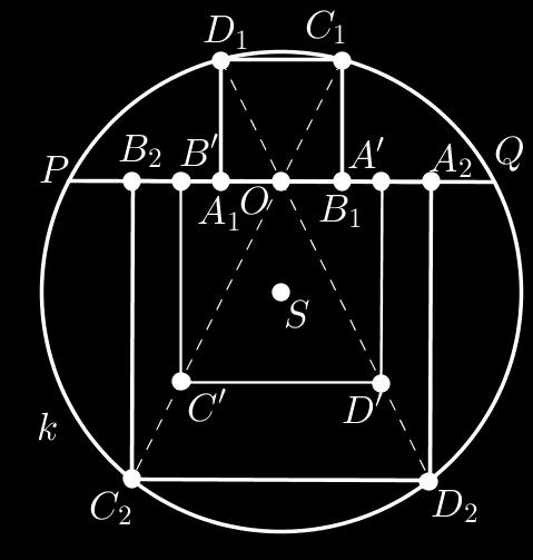 Hasonlóan a D pont illeszkedik az OD egyenesre és a k körre. Ezt tudva már könnyen megszerkeszthető a keresett négyzet.