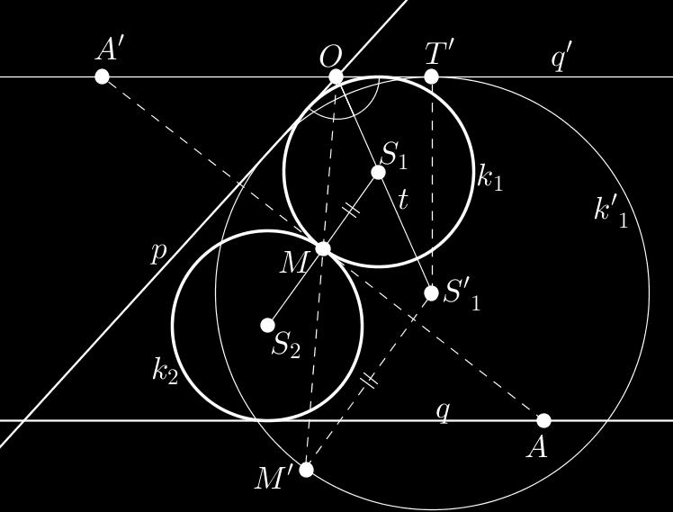 Az M pont képe az OM félegyenes és a k 1 kör metszéspontja lesz. Ezt ismerve már könnyen megszerkeszthető a k 1 kör S 1 középpontja, majd a k 1, ill. a k 2 kör is.