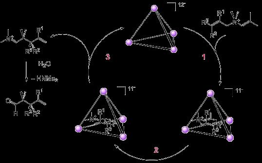 Kimutatták, hogy Ga(III)-, Al(III)-, Fe(III)-, Ti(IV)- vagy Ge(IV)-sókkal előálló molekuláris tetraéderek (45/a ábra) a 45/b ábrán látható módon katalizálják az S általános képletű kvaterner