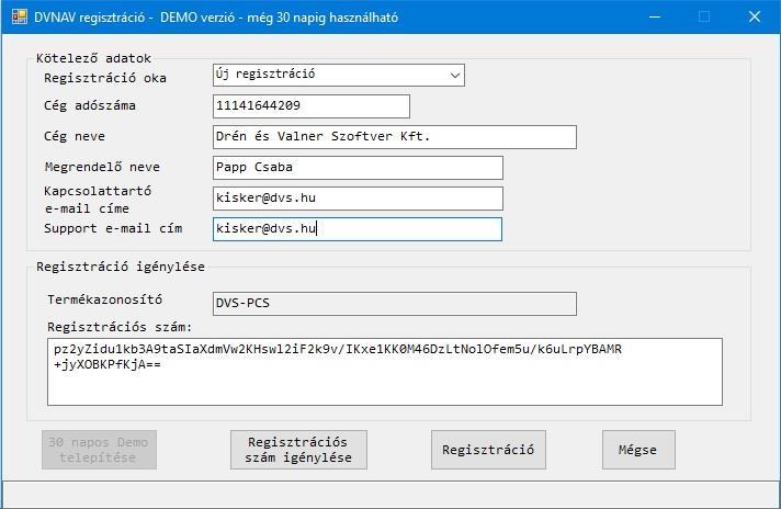 A DVNAV regisztrációs igényre kapott email mellékletében levő regisztrációs számot másoljuk be a Regisztrációs szám rovatba.