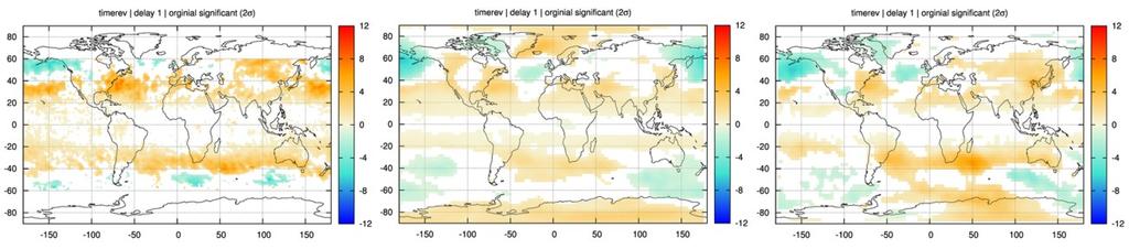 ábra globális térképen mutatja az 1 napos időkülönbség melletti szignifikáns értékeket a műholdas adatbázisban és a modellekben.
