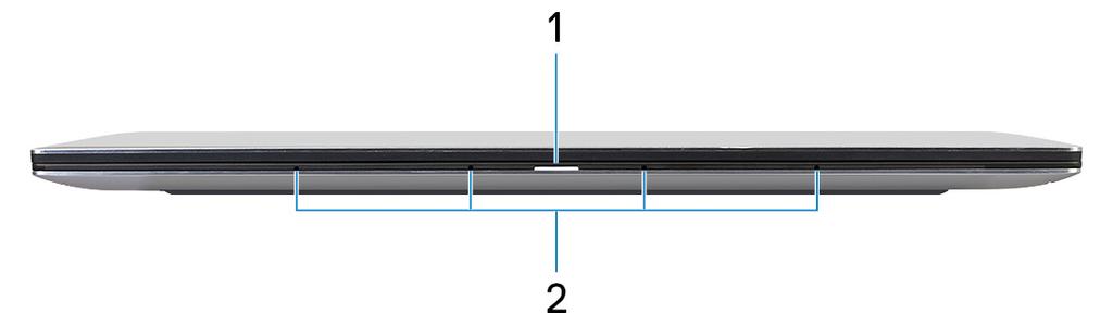 Az XPS 9380 különböző nézetei 2 Elöl 1 Bekapcsolás- és akkumulátorállapot-jelző fény A számítógép tápellátását és töltöttségi állapotát jelzi.
