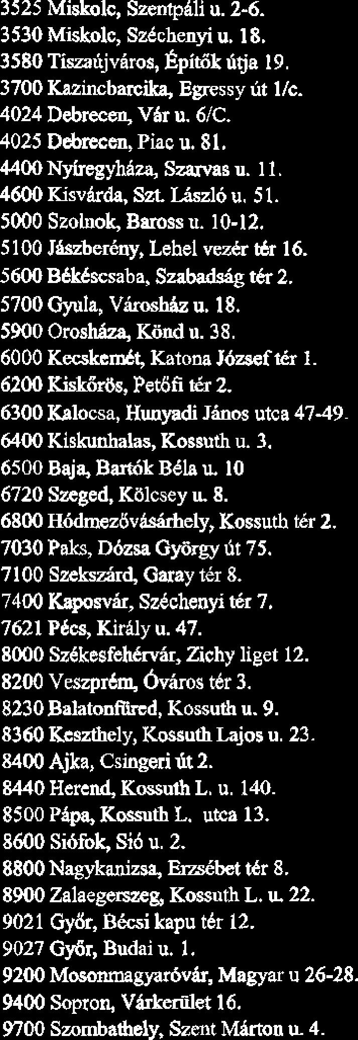 1119 Budapest, Fehkhri tit 95. 1124 Budapest, Alkotis St 53. 1132 Budapest, Nyugati t& 5. 1134 Budapest, D&ni utca 23, 1138 Budapest, Vki dt 178-182. 1139 Budapest, VAci ht 85.
