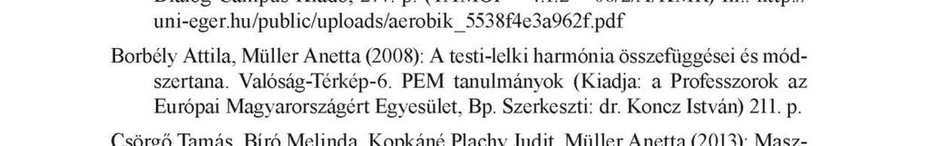 Müller Anetta, Rácz Ildikó (2011): Aerobic és Fitness irányzatok. Budapest, Pécs Dialóg Campus Kiadó, 277. p. (TÁMOP - 4.1.2-08/2/A/KMR) In.: http:// uni-eger.