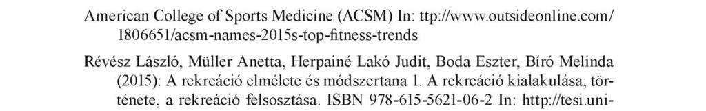 5-17. Müller Anetta, Bíró Melinda, Hidvégi Péter, Váczi Péter, Plachy Judit, Juhász Imre, Hajdu Pál, Seres János (2013): Fitnesz trendek a rekreációban.