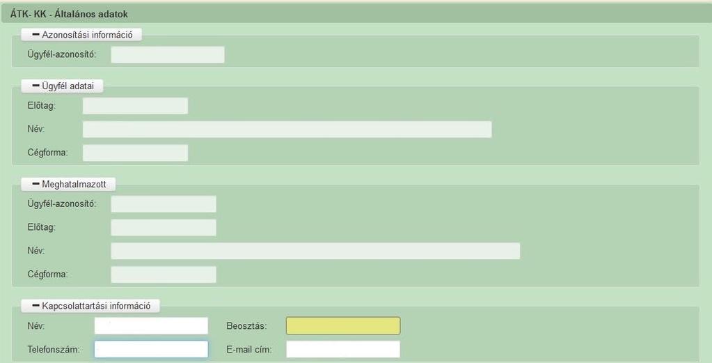 Kérelem benyújtó elektronikus felület Általános adatok Ezen adatok mindig megjelenítésre kerülnek a felületen. Azonosítási információ Ügyfél azonosító: Automatikusan töltődik, kitöltése nem szükséges.