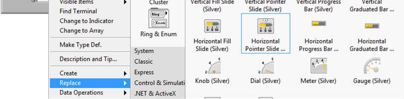 Cserélje le a frequency numerikus kontrolt egy csúszkára, a kontrollon jobb egérgomb kattintása után válassza a Replace >> Numeric >> Horizontal Pointer Slide elemet! (10. ábra) a.