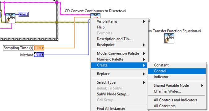 b. Válassza ki a blokk diagramon, jobb egérgomb kattintása után, a Functions palettáról a Control & Simulation >> Control Design >> Model Information >> CD Set Names to Model.