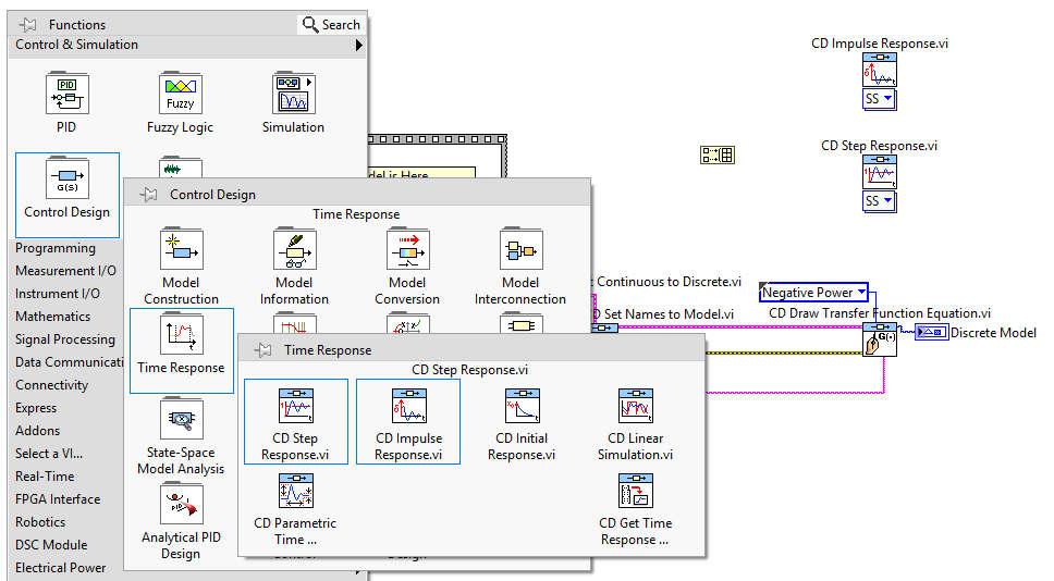 5. Helyezze el a szimulációt végző elemeket a blokk diagramon! a. Válassza ki a blokk diagramon, jobb egérgomb kattintása után, a Functions palettáról a Control & Simulation >> Control Design >> Time Response >> CD Impulse Response.