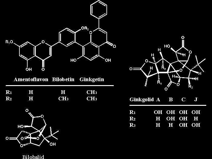 Ginkgolidok (komplex diterpenlakton) Bilobalid (szeszkviterpén):