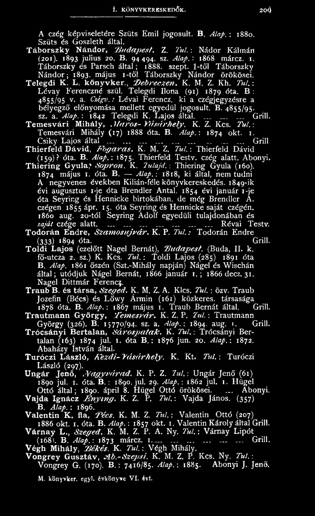 ........ Grill, Thierfeld Dávid, F a g a r a s. K. M. Z. Túl. : Thierfeld Dávid (159)? óta. B. Alap.-. 1875. Thierfeld Testv. ezég alatt. Abonyi. Thiering Gyula,' Sopron. K. lulajd.