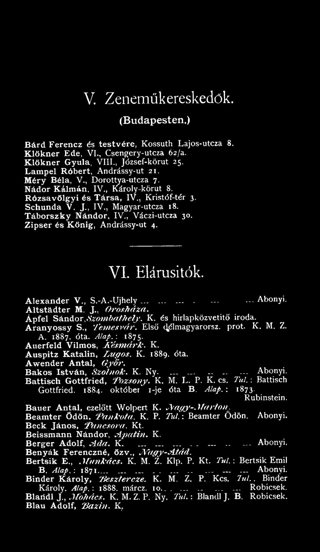 K. Ny.... --- Abonyi. Battisch Gottfried, P ozsony. K. M. L. P. K. cs. Túl. : Battisch Gottfried. 1884. október i-je óta B. Alap.-. 1873. Rubinstein. Bauer Antal, ezelőtt Wolpert K..A'agy-. Marton.