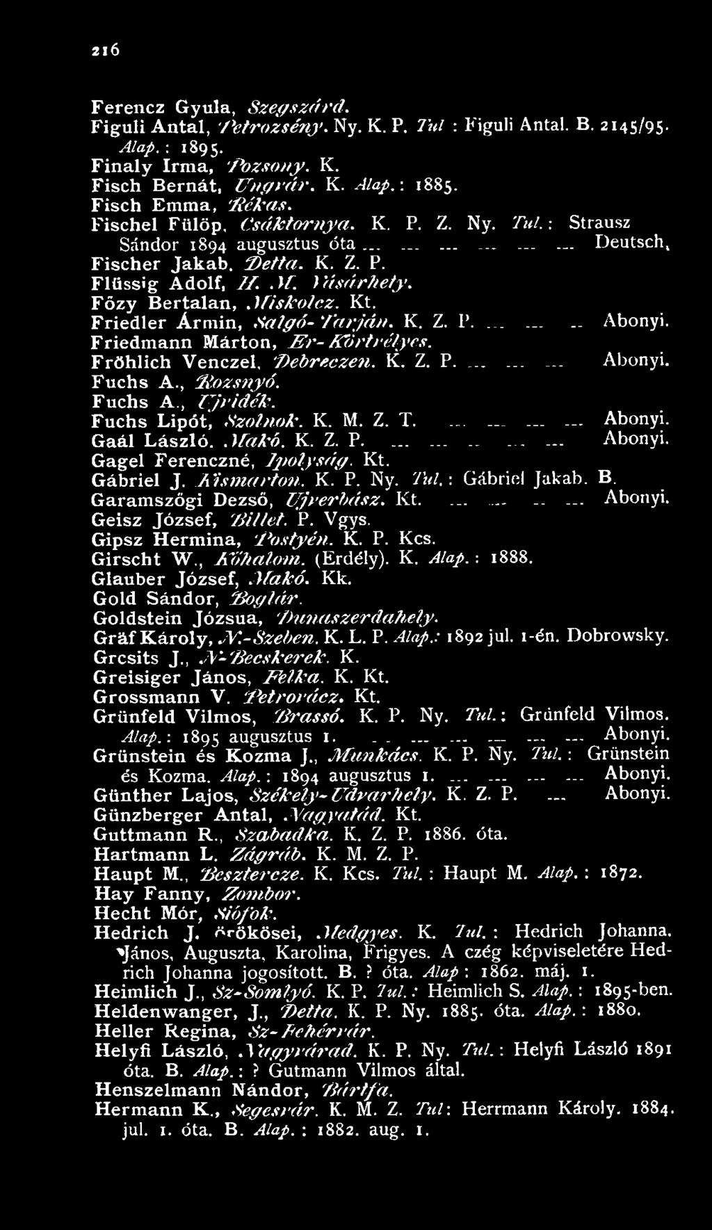 Túl. -. Gábriel Jakab. B. Garamszőgi Dezső, U jverbász. Kt............ Abonyi. Geisz József, 'ZlMel. P. Vgys. Gipsz Hermina, Pontyén. K. P. Kcs. Girscht W., K őhalom. (Erdély). K. Alap. -. 1888.