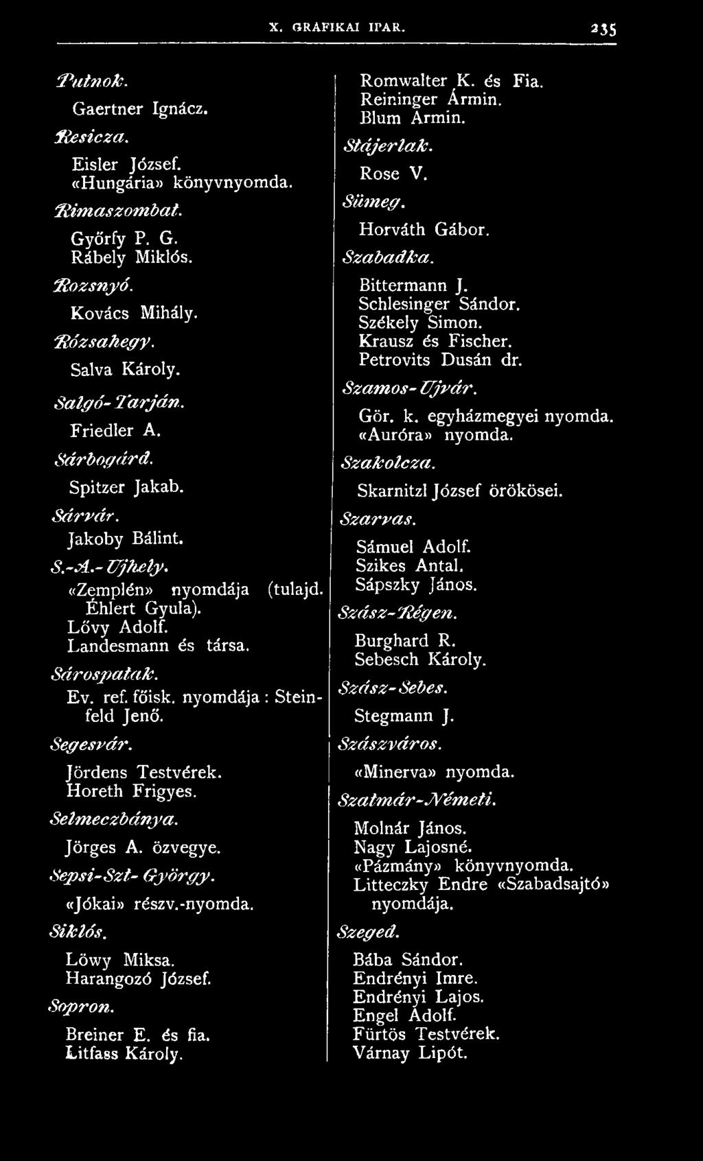 Krausz és Fischer. Petrovits Dusán dr. Szamos- ü jvár. Gör. k. egyházmegyei nyomda. «Auróra» nyomda. Szakolcza. Skarnitzl József örökösei. Szarvas. Sámuel Adolf. Szikes Antal. Sápszky János.