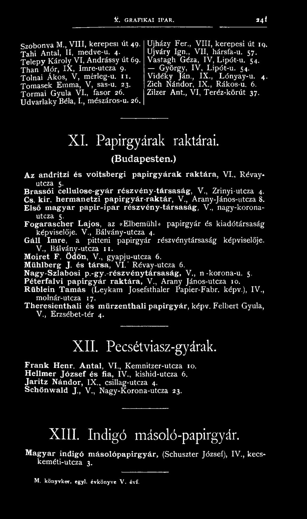 Első magyar papír-ipar részvény-társaság, V., nagy-koronautcza 5. Fogarascher Lajos, az «Elbemühl» papírgyár és kiadótársaság képviselője. V., Bálvány-utcza 4.