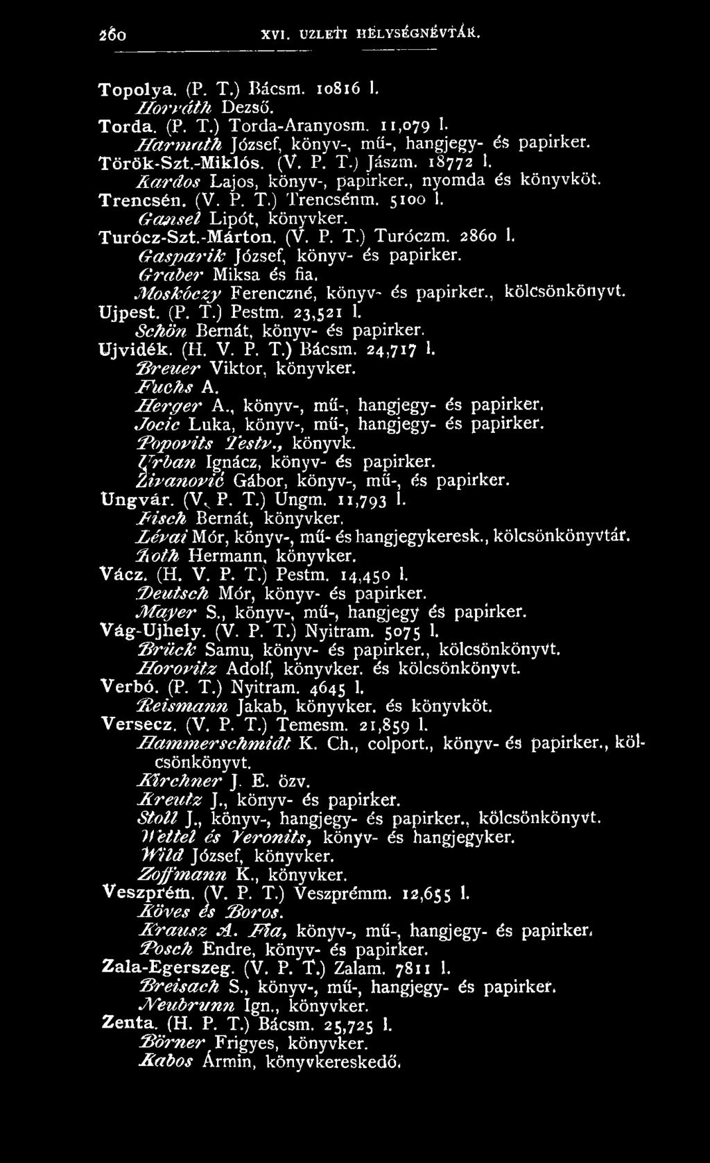 2860 1. G á sp á r ik József, könyv- és papirker. G ra b er Miksa és fia. M o sk ó czy Ferenczné, könyv- és papirker., kölcsönkönyvt. Újpest. (P. T.) Pestm. 23,521 1.