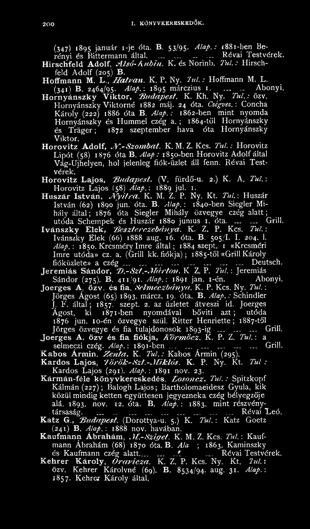 Alap : 1850-ben Horovitz Adolf által Vág-Ujhelyen, hol jelenleg fiók-üzlet áll fenn. Révai Testvérek. Horovitz Lajos, Budapest. (V. fiirdő-u. 2.) K. A. Túl.-. Horovitz Lajos (58) Alap.-. 1889 jul. 1. Huszár István, JV y itra.