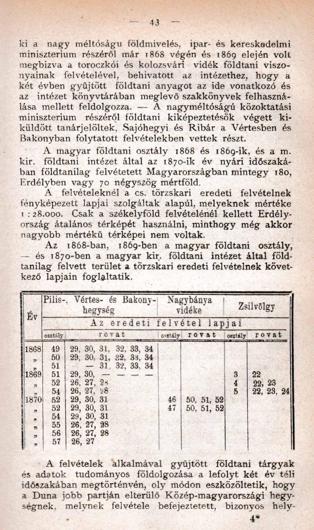 43 ki a nagy méltóságú földmivelés, ipar- és kereskedelmi minisztérium részéről már r868 végén és 1869 elején volt megbízva a toroczkói és kolozsvári vidék földtani viszonyainak felvételével,