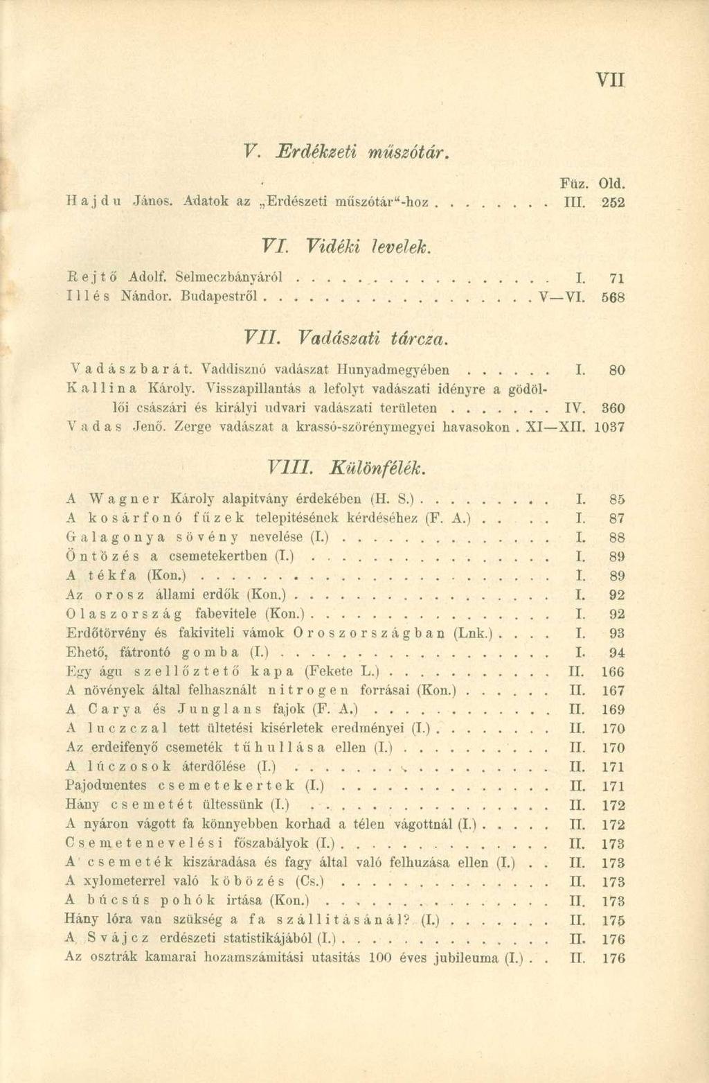 V. Erdékzeti műszótár. Füz. Old. Hajdú János. Adatok az Erdészeti műszótár"-hoz III. 252 VI. Vidéki levelek. Rejtő Adolf. Selnieczbányáról I. 71 Illés Nándor. Budapestről V VI. 568 VII.