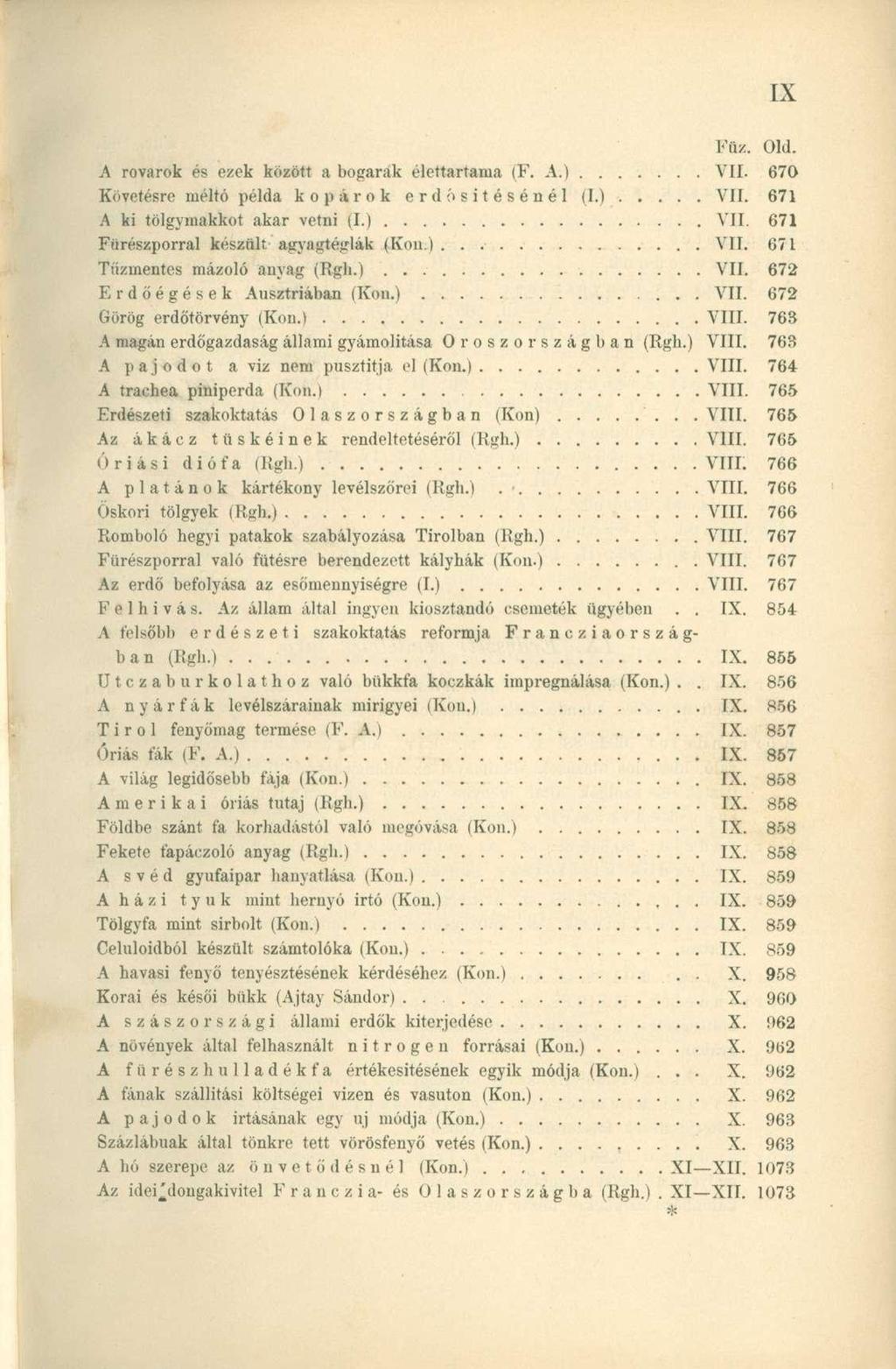 Füz. Old. A rovarok és ezek között a bogarak élettartama (F. A.) VII. 670 Követésre méltó példa kopárok erdősítésénél (I.) VII. 671 A ki tölgymakkot akar vetni (I.) VII. 671 Fürészporral készült agyagtéglák (Kon.