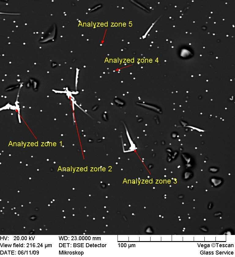 Kémiai reakciókból származó buborékok Fiber particles Elt XRay Int W% A% Si Ka 56.6 3.20 8.09 Ca Ka 7.5 0.28 0.50 As La 1944.2 96.51 91.41 Σ 100.00 100.