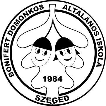 Kör alakú: benne egy tölgyfa levélen két gyermek arcú makk, alatta az iskola alapításának az éve: 1984. A képet az iskola neve, Bonifert Domonkos Általános Iskola Szeged felirat veszi körül.