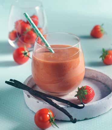 Paradicsomos-epres smoothie vaníliával 400 g étkezési paradicsom 300 g eper 1 friss rúd vanília 1 tk méz Elkészítési id: A kerek