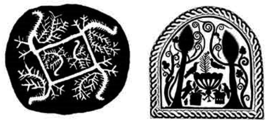 A nartok aranyalmafája 109 («évről évre»). A három csodálatos madár, a Szent fa mediátoraiként, a függőleges három szakrális zónáját jelentik.