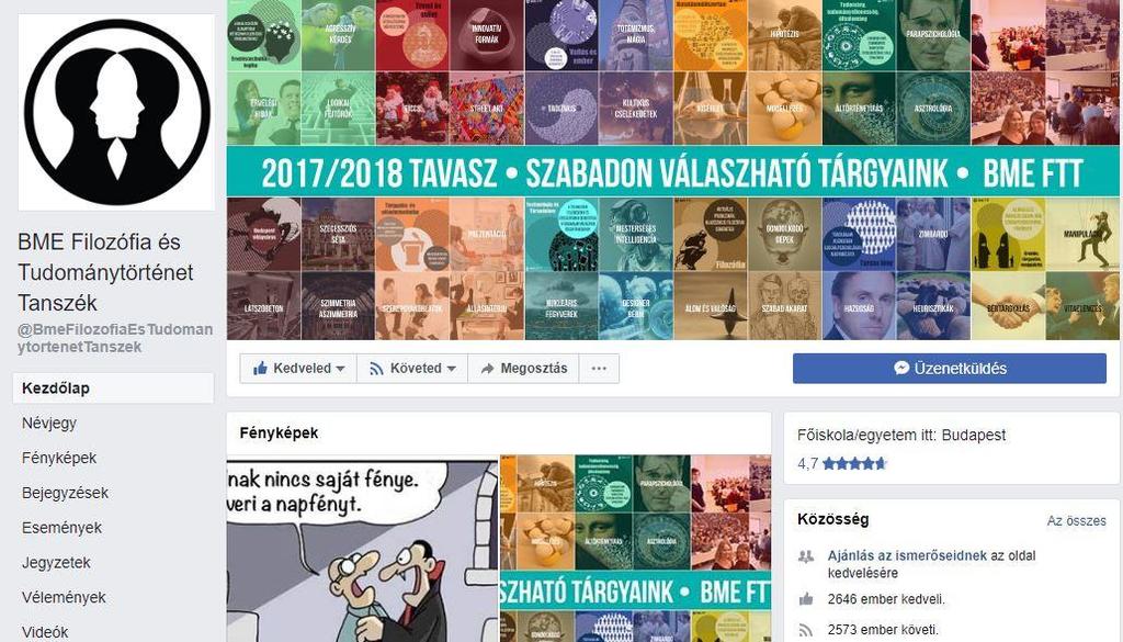 Közérdekű A Filozófia és Tudománytörténet Tanszék Facebook oldala: