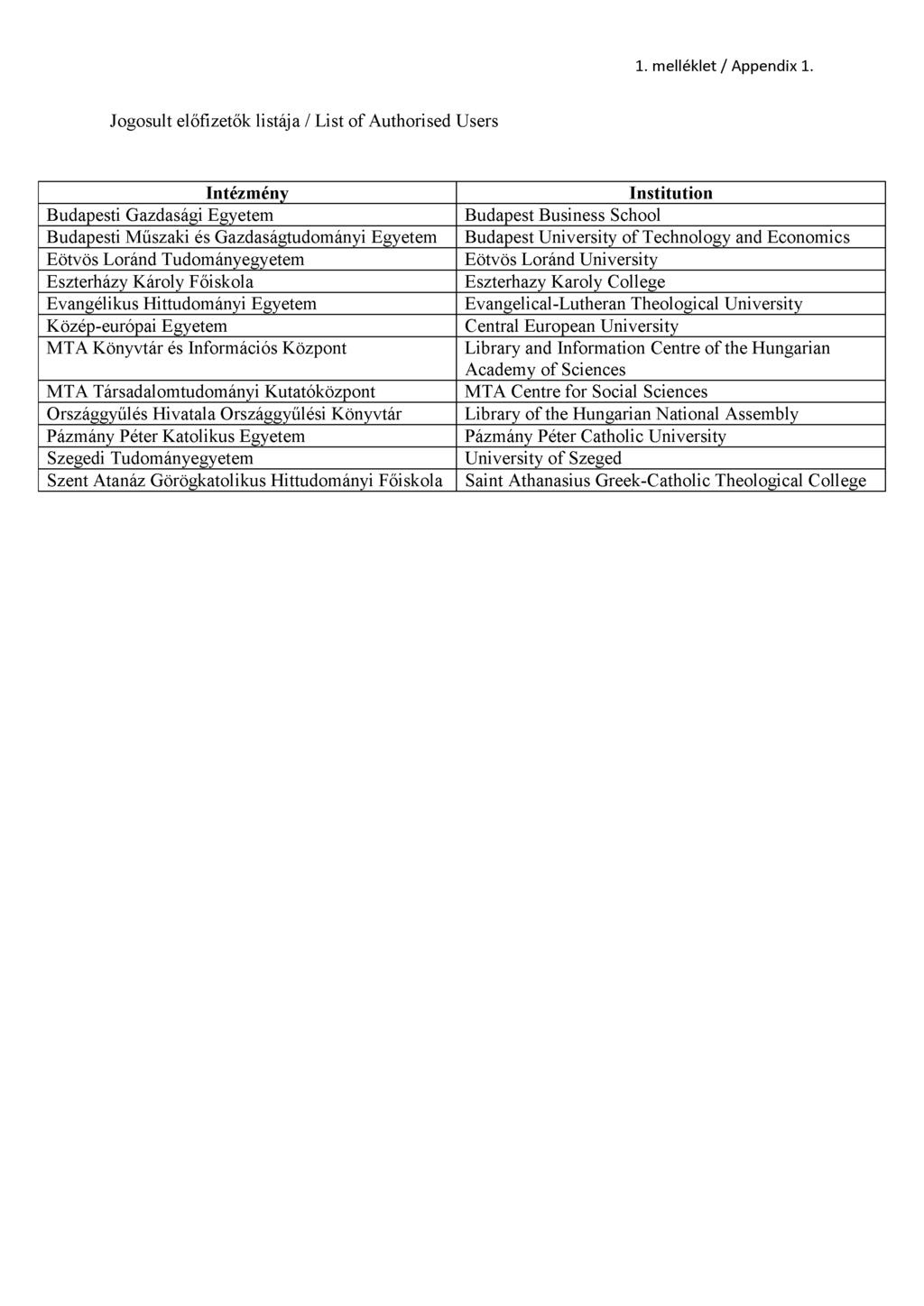 1. melléklet / Appendix 1.