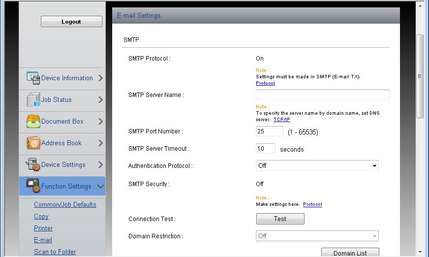 A készülék telepítése és beállítása > Embedded Web Server RX 3 Jelenítse meg a képernyőt. Megjeleníti az E-mail beállítások képernyőt. A [Function Settings] menüben nyomja meg az [E-mail] gombot.