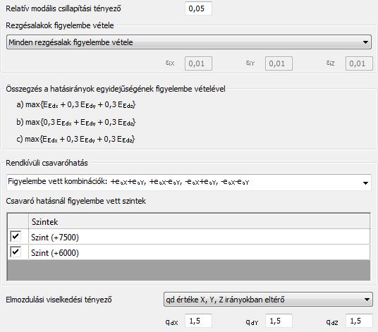 6.6.2.3. FÖLDRENGÉSI ANALÍZIS BEÁLLÍTÁSOK Az földrengési analízis beállítások a földrengés hatás dialóg második fülén találhatóak.