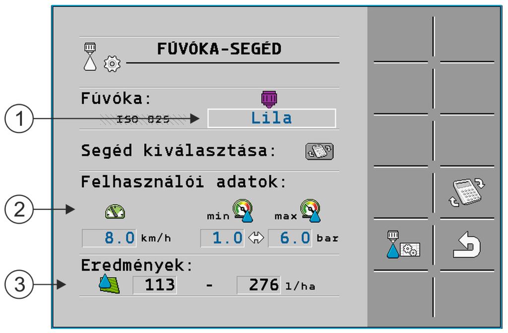 A vezérlő számítógép konfigurálása A fúvókák konfigurálása nyomásszenzoros szabályzással működő permetezőknél 7 Ön itt láthatja azt, hogy a fúvóka típusa hogyan hat a lehetséges kijuttatási